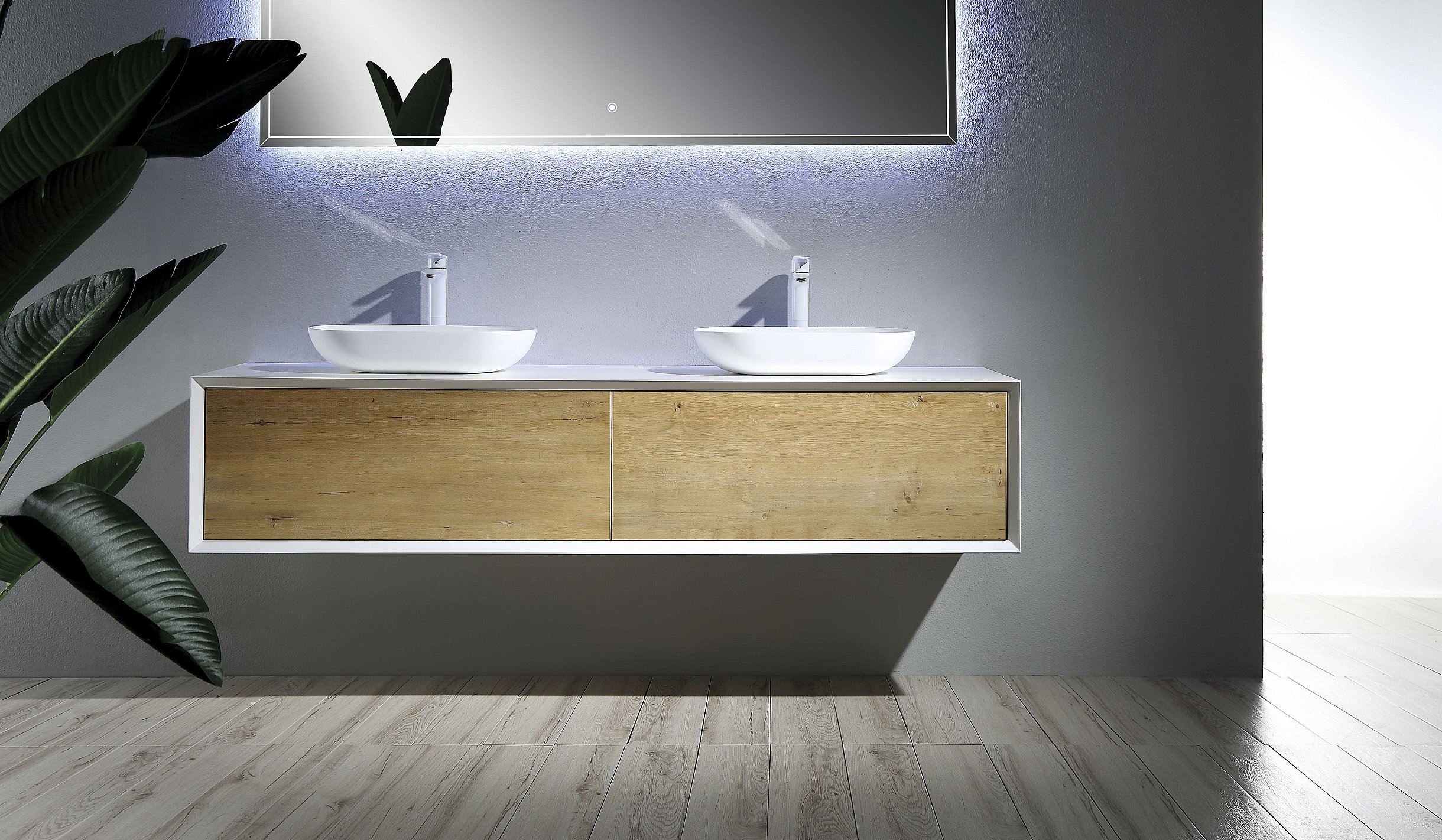MEGA Bathroom Furniture Base Cabinet + 2 Oak White Bathroom Mineral Casting-